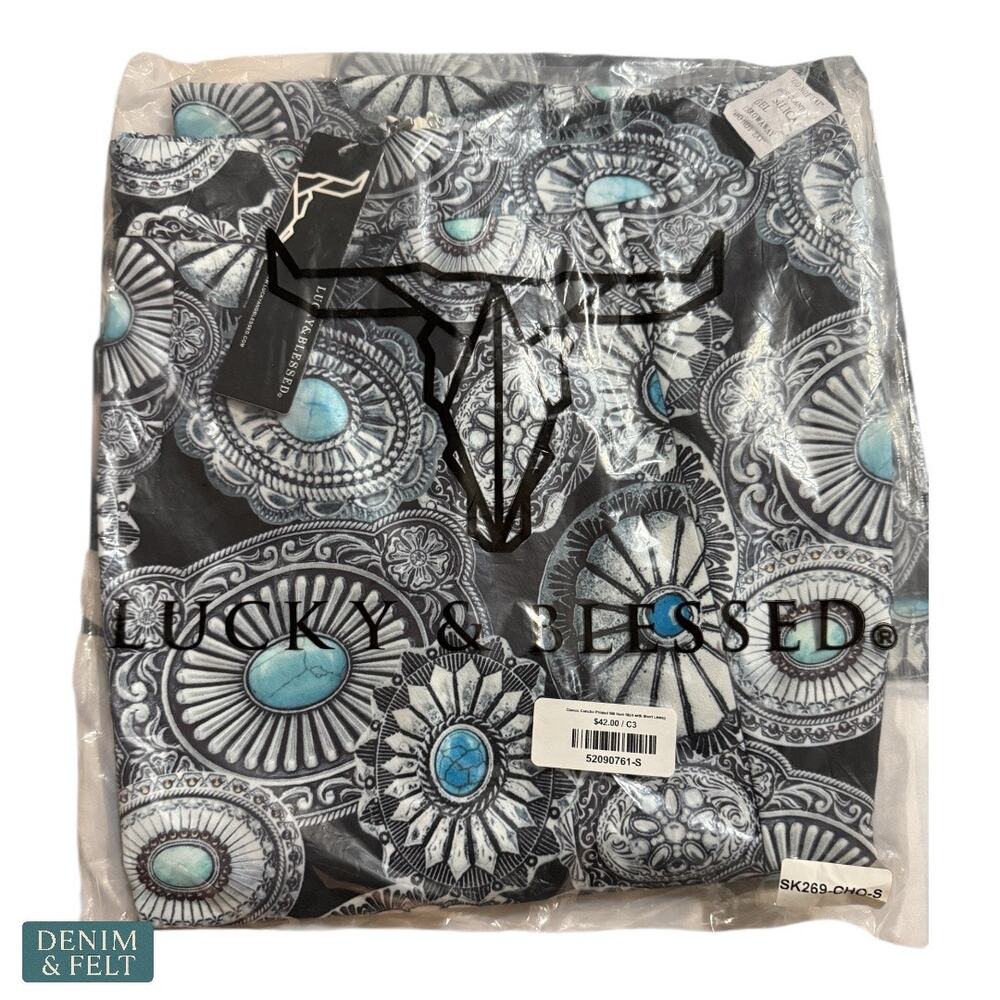 NEW Lucky & Blessed Concho Print Maxi Skirt Turquoise Black Western Rodeo Boho - Picture 3 of 5